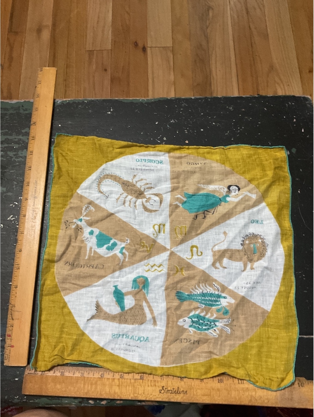 Vintage Signed Tammis Keefe Zodiac Sign Linen Scarf Hand Rolled